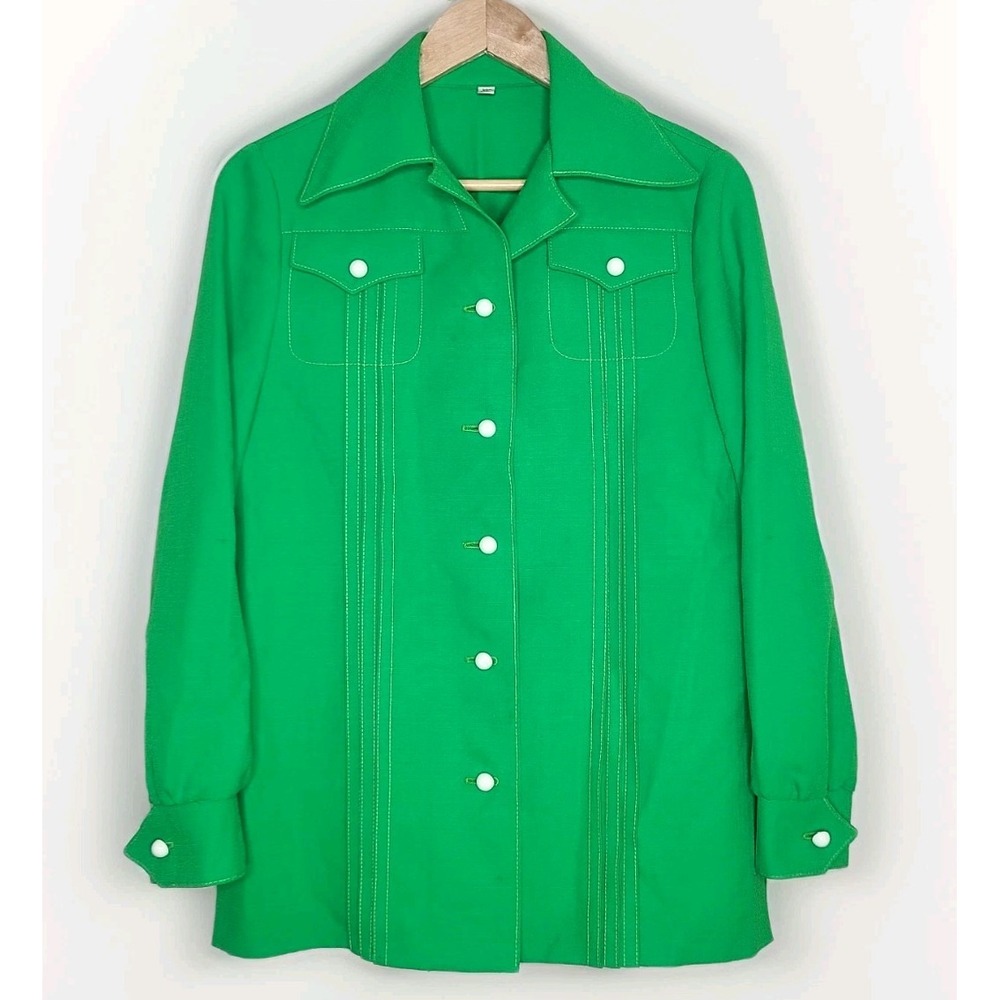 Vtg 60s 70s Double Knit Womens Lime Green Button Up Spread Collar Shirt Top